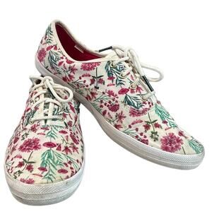 Keds floral canvas shoes pink flowers green leaves lace up  size 8